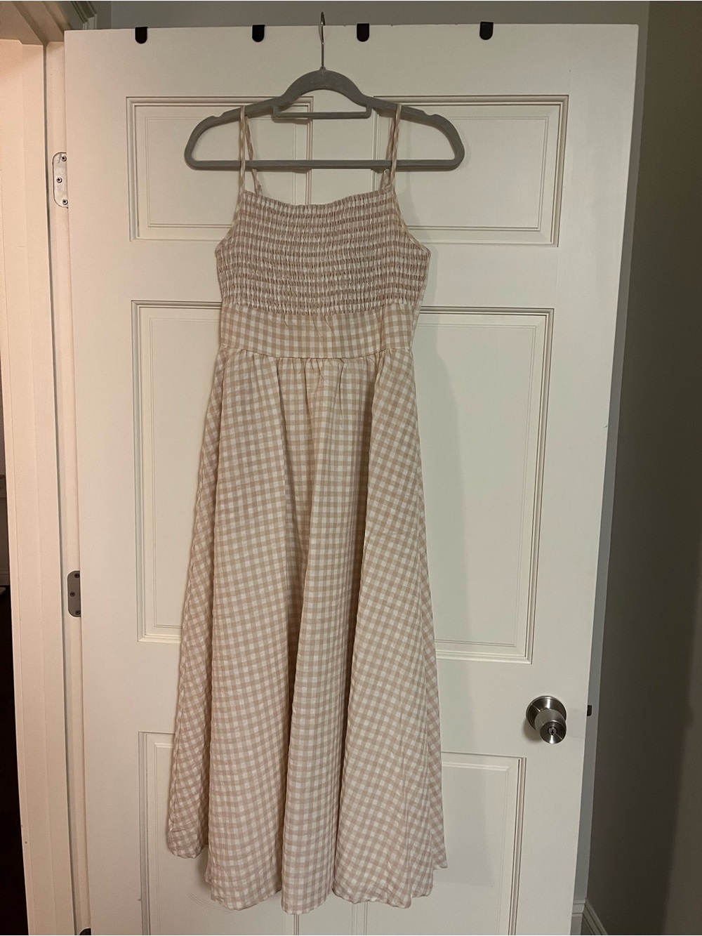 FORE Beige Gingham Maxi Dress with Smocked Bodice - Size M